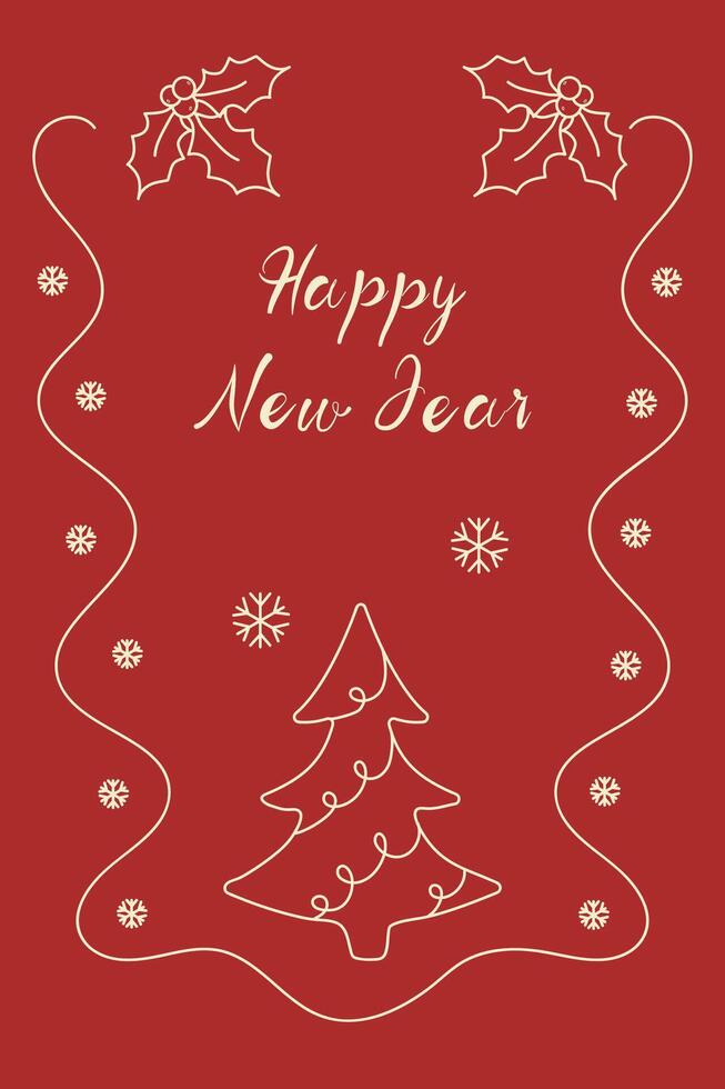 Hand drawn Christmas greeting card. Christmas design with festive Christmas tree, garlands. Minimalistic doodle style poster on red background. Perfect for invitations, greeting cards, banners. vector