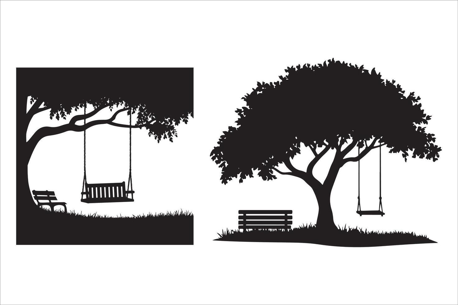 A swing hangs from a tree and there is a bench under it vector