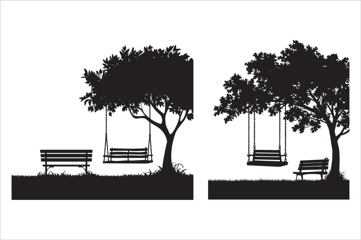 A swing hangs from a tree and there is a bench under it silhouette vector