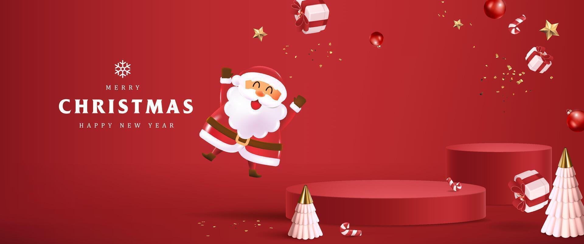 Merry Christmas banner with product display cylindrical shape vector