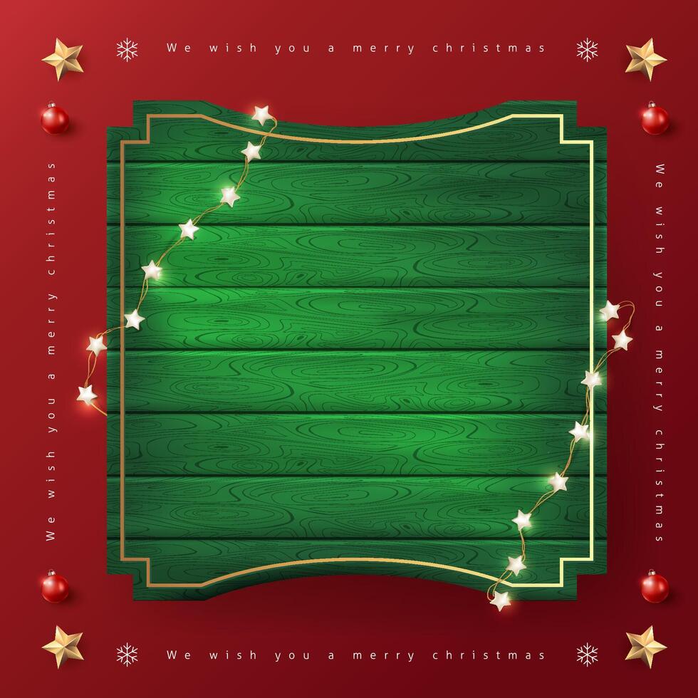 Merry Christmas sign banner green wood frame with empty space and festive decoration on red background vector