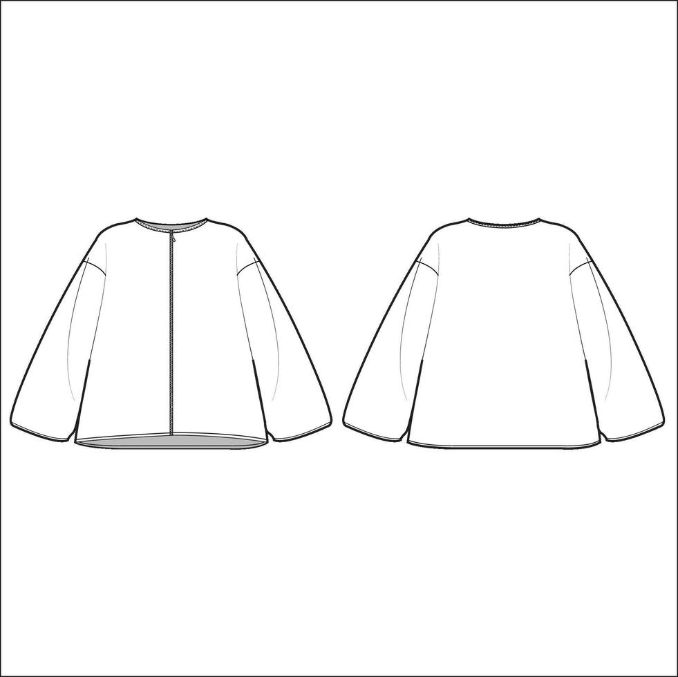 Women's long sleeve Shirt Blouse flat sketch fashion illustration drawing front and back view, blouse for girls and ladies template mock up vector