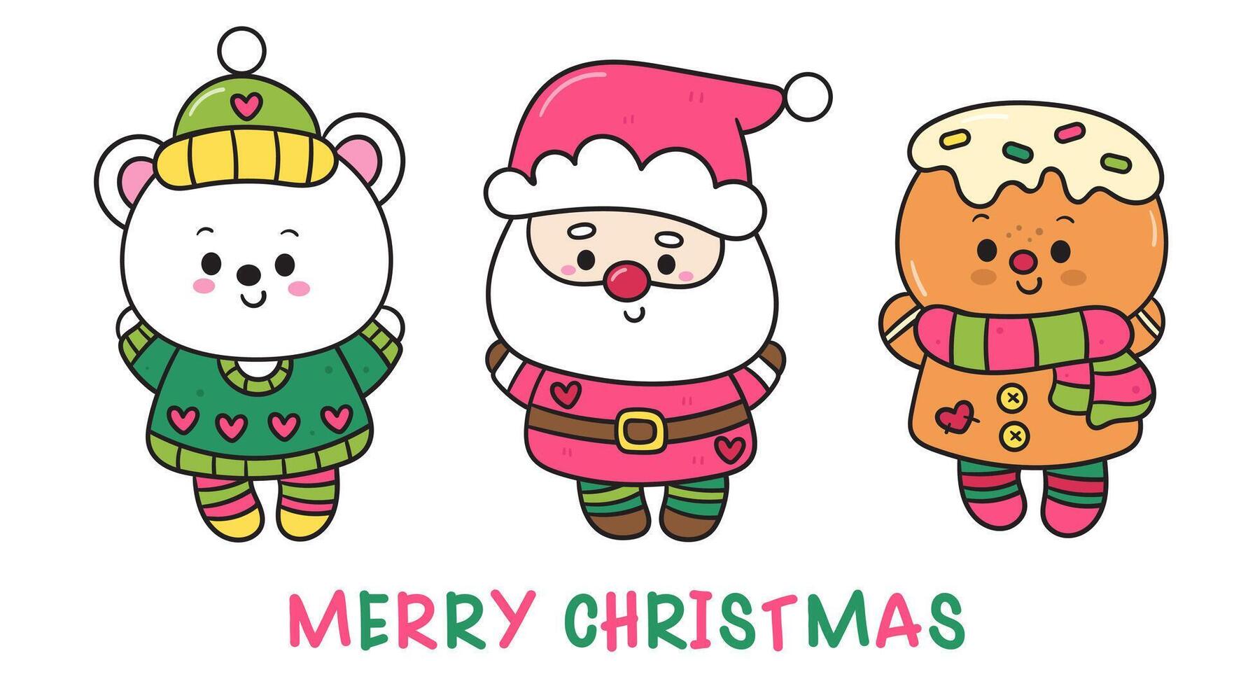 Kawaii Christmas festive with Pink santa claus cartoon gingerbread cookie and polar bear vector