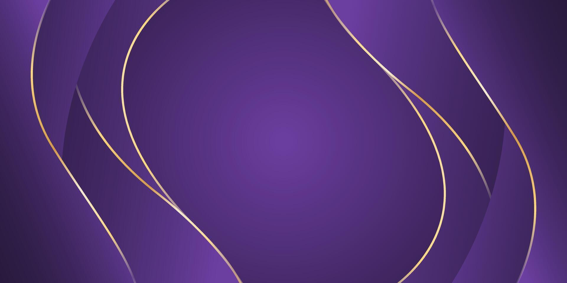 Abstract 3d gold curved ribbon on purple background with lighting effect and sparkle with copy space for text. Luxury design style vector