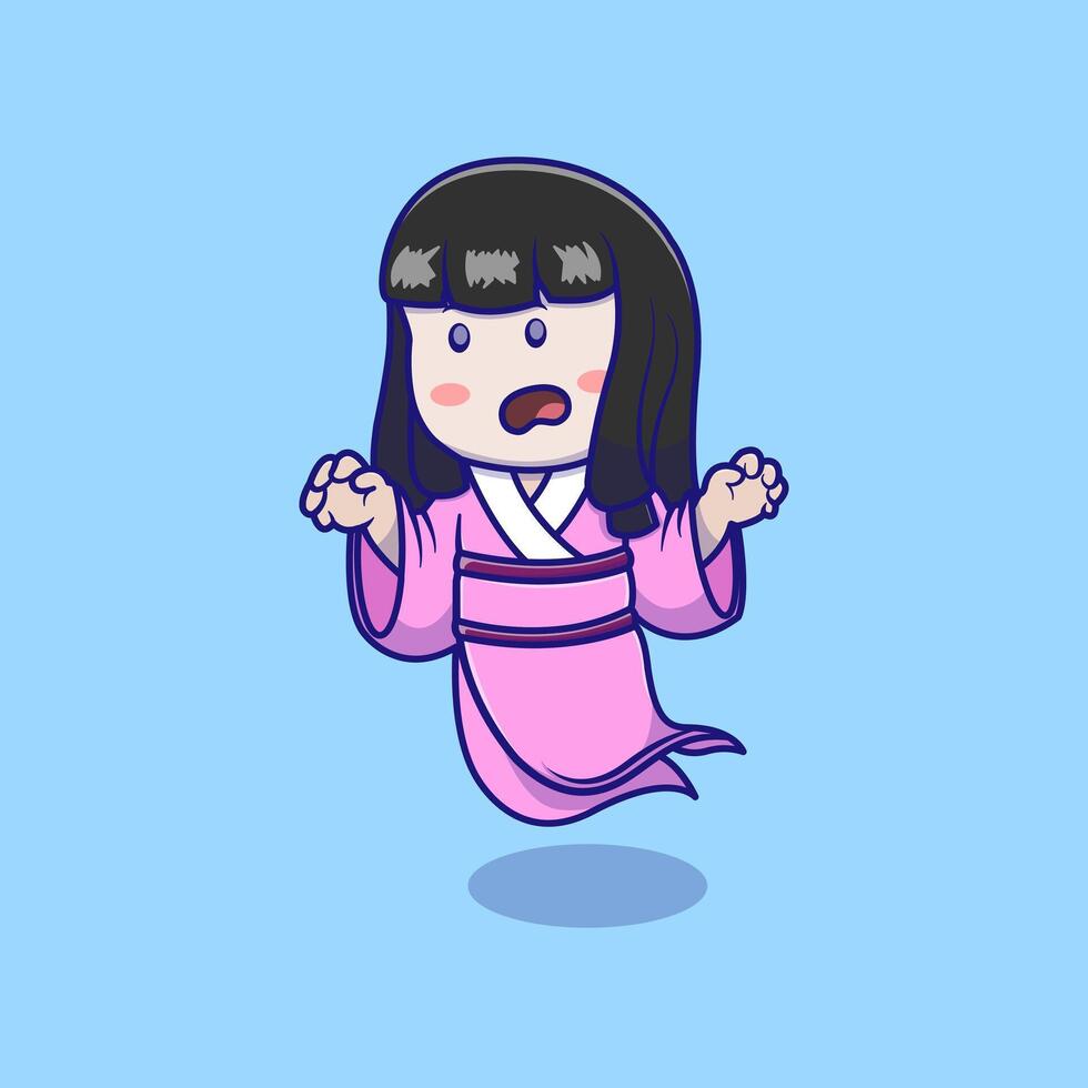 Cute Ghost Girl In Pink Kimono Cartoon Illustration. Traditional Japanese Yokai Ghost. Flat Cartoon Outline Style. vector