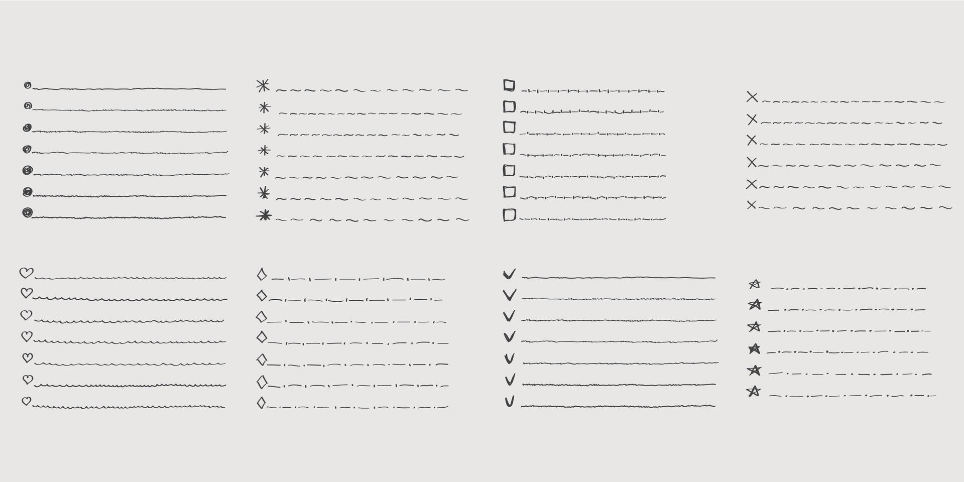 Collection of isolated outline hand drawn check to do list, bullet, check mark and check box in a doodle sketch cartoon style. Set of paper note with task plan. vector