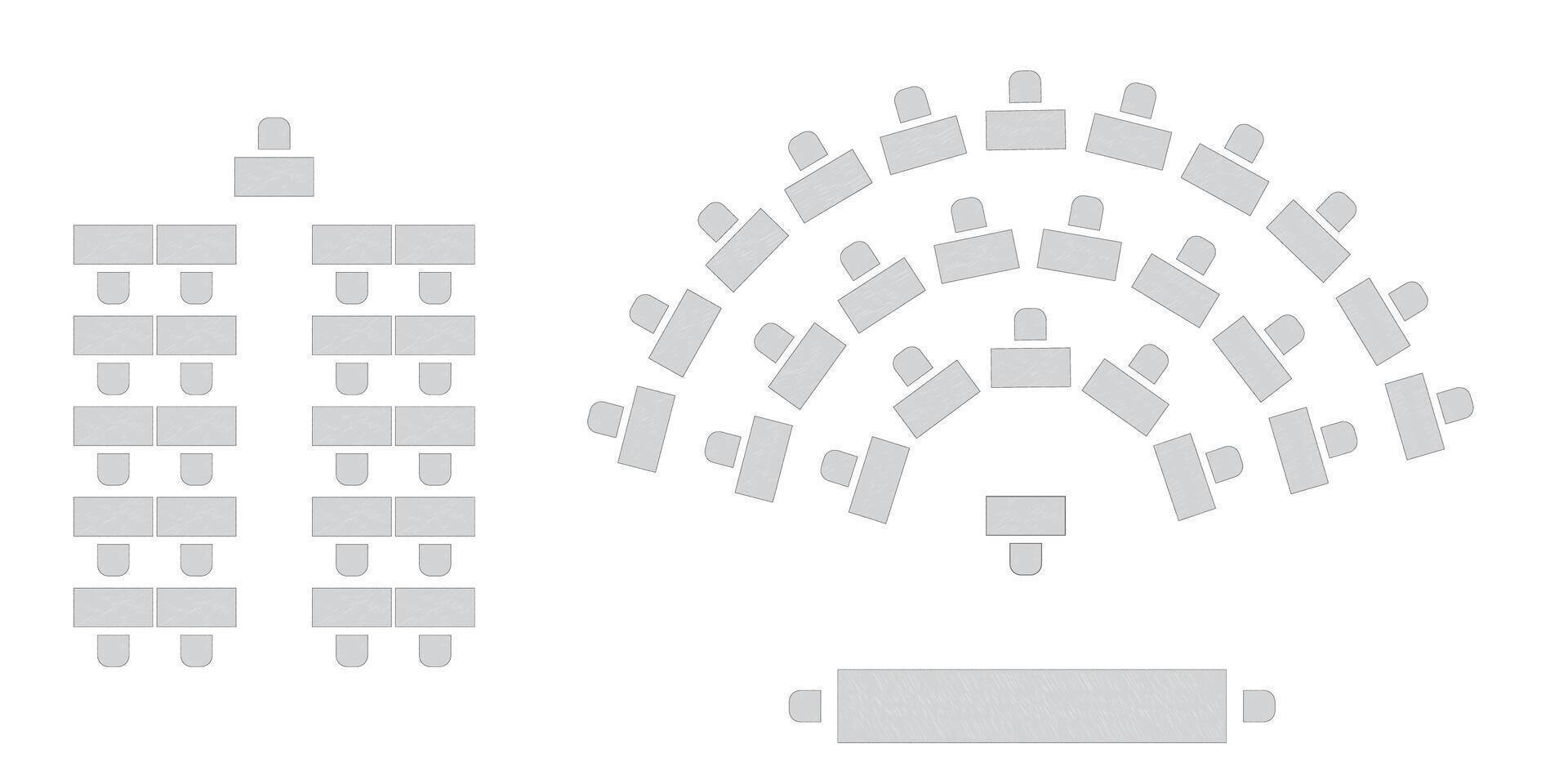 Wedding seating plan element. Conference banquet seminar classroom interior, conference hall and seminar room interior design. top view of arrangement of banquet furniture seats illustration vector