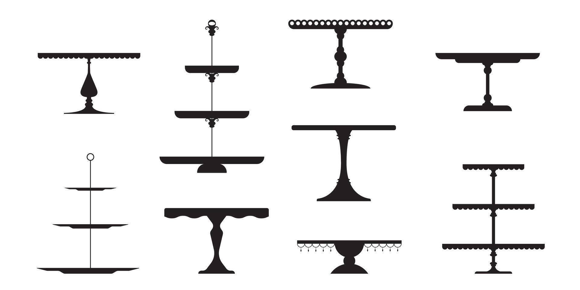 Wedding Tea Cake Platter, Isolated Stand Tray Silhouette. Retro Table Stand, Pedestal And Display Plate For Desserts, Sweet Food And Pastries. Serving Cake Display Platter, Tiered Stand vector