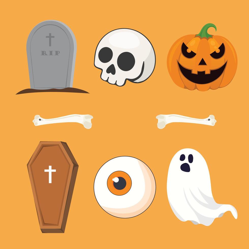 A collection of Halloween items Grave Pumpkin Coffin Eye Ghost Skull Bone illustration. vector