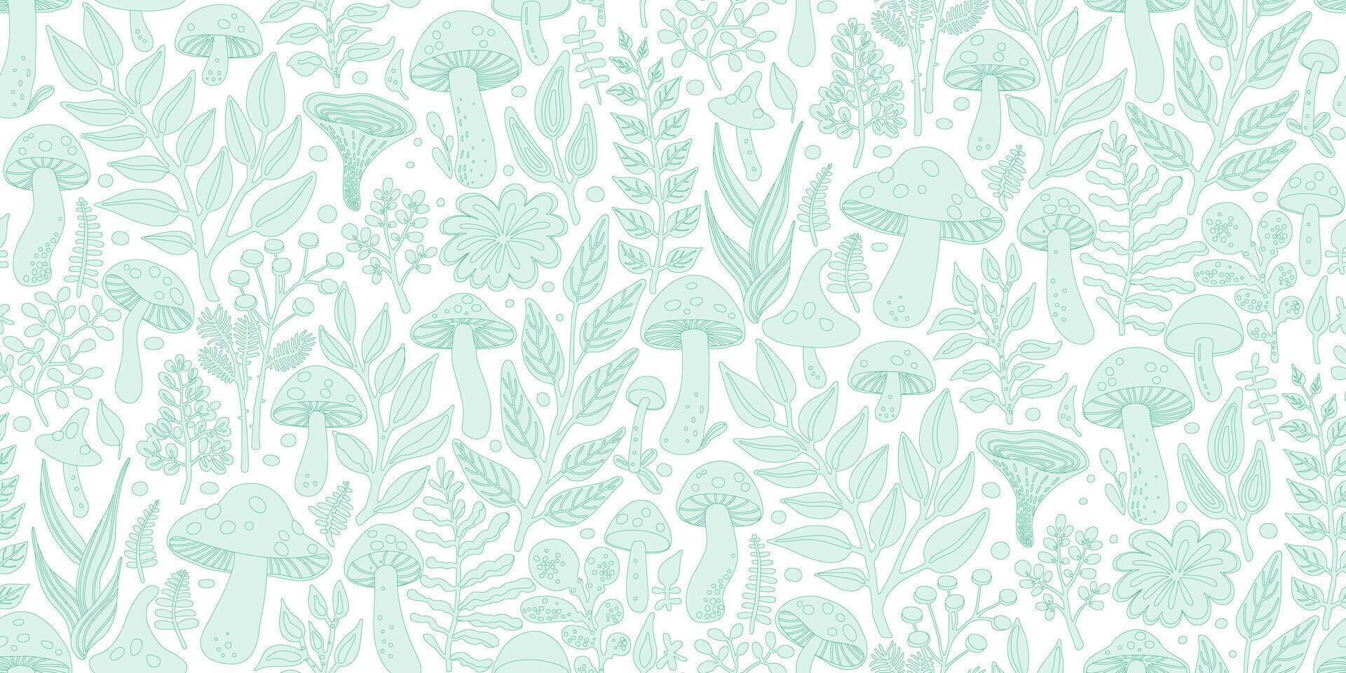 Seamless Pattern with various mushrooms and botanical elements using a monochromatic color scheme in shades of mint green on white. Design for wallpapers, textiles, fabrics, papers, wrappers, covers. vector