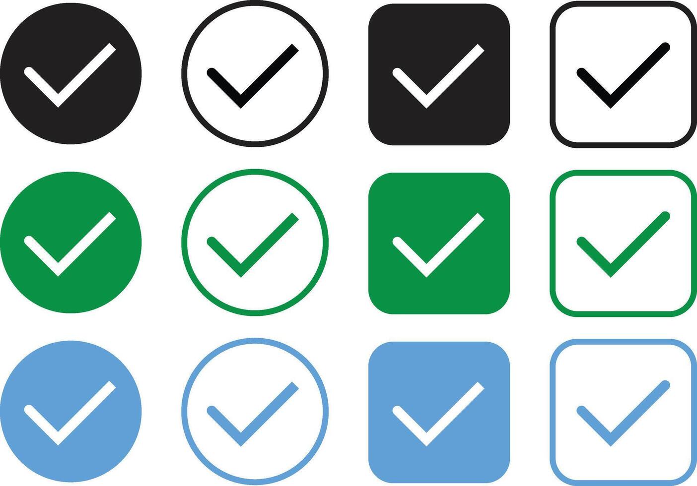 Checkmark icon set. Check mark with right sign. Tick icon set. Green check button vector