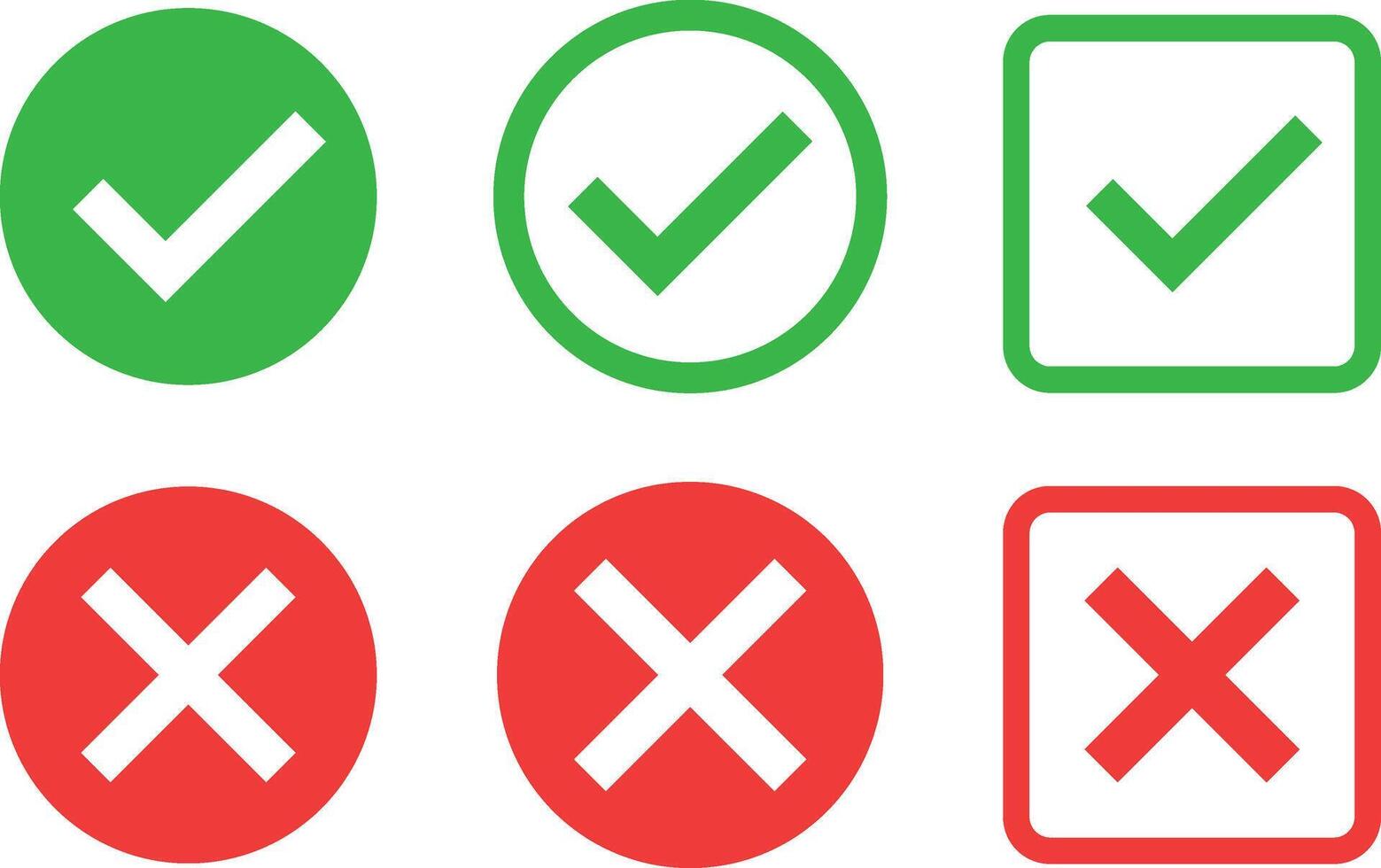 Checkmark crossmark icon set. red cross mark icon set. Check mark with right and wrong sign. Tick and cross icon set. Green check button and red wrong button. vector