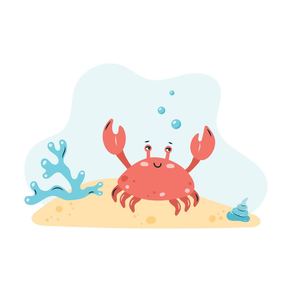 Cute crab swims in the sea underwater. Poster with crab on white background. Character in children's style. illustration. vector