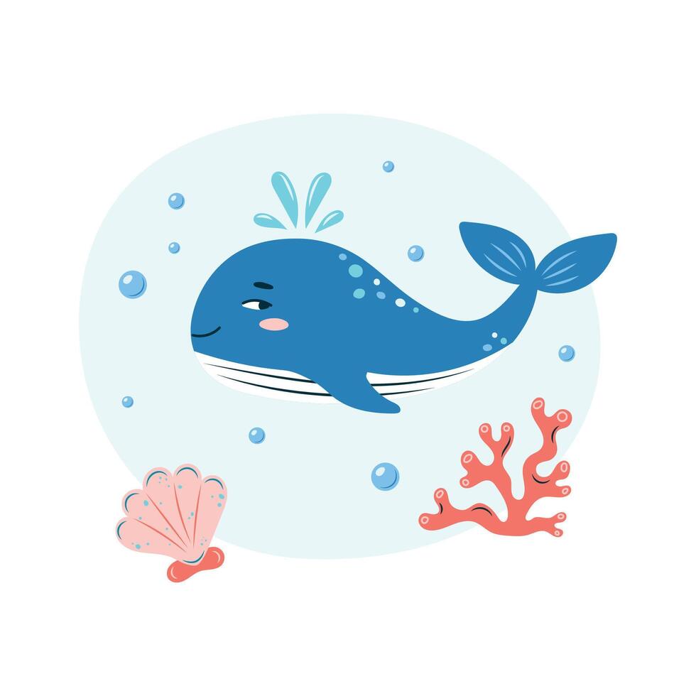 Cute whale swims in the sea underwater. Poster with whale on white background. Character in children's style. illustration. vector