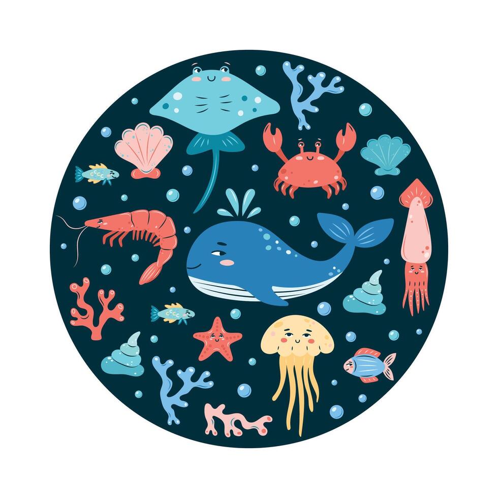 Sea Life round poster with whale on dark background. Set of sea animals. Characters in children's style. illustration. vector