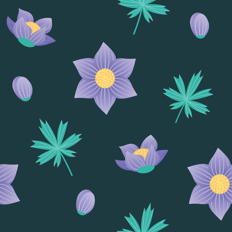 Seamless pattern with Pasque Flower on dark background. Plant ornament for fabric, background, wallpaper. illustration. vector