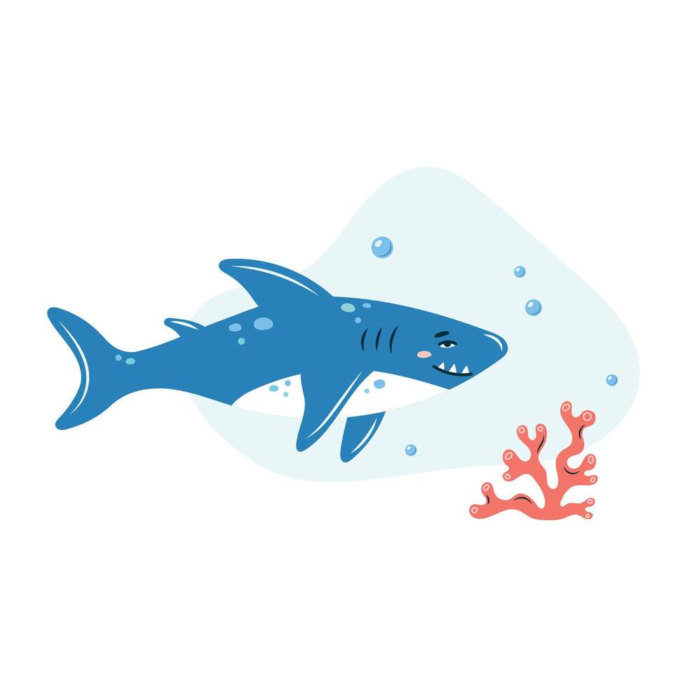 Cute shark swims in the sea underwater. Poster with shark on white background. Character in children's style. illustration. vector