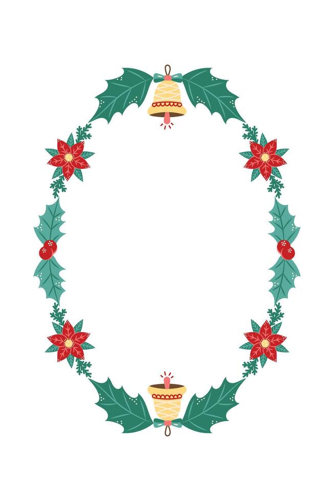 Oval Christmas Bell Frame. Poinsettia and bells. Winter frame with empty space for text. Christmas and New Year. Isolated illustration. vector