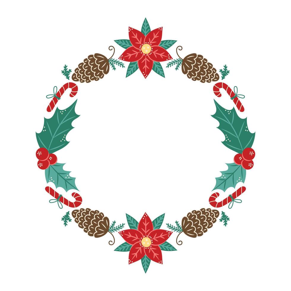 Round Christmas Frame with Poinsettia and cones. Winter frame with empty space for text. Christmas and New Year. Isolated illustration. vector