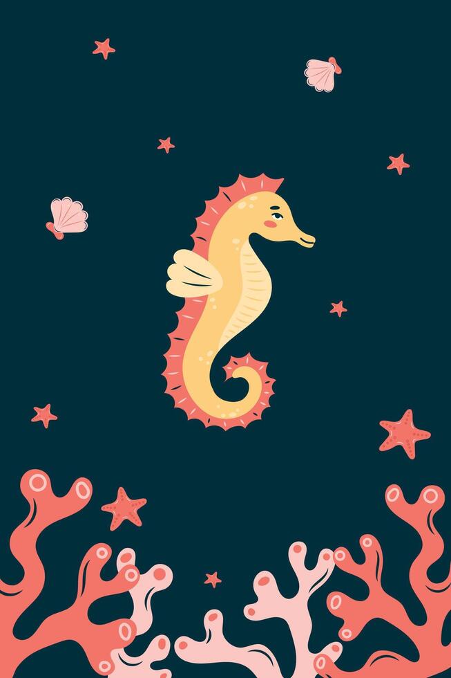 Vertical poster with seahorse on dark background. Character in children's style. illustration. vector