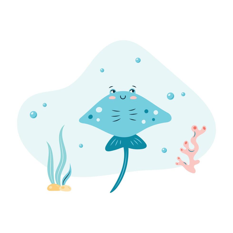 Cute stingray fish swims in the sea underwater. Poster with stingray fish on white background. Character in children's style. illustration. vector