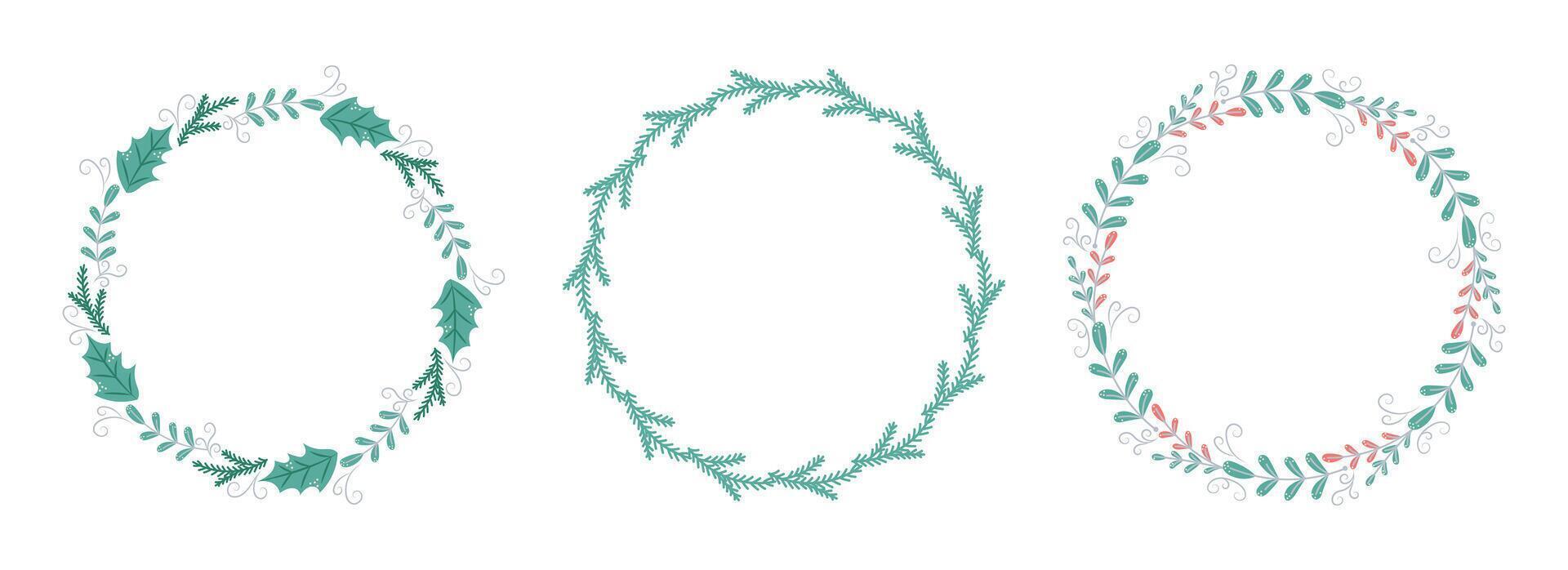 3 Round Christmas frames collection with branches and leaves. Winter frame with empty space for text. Christmas and New Year. Isolated illustration vector
