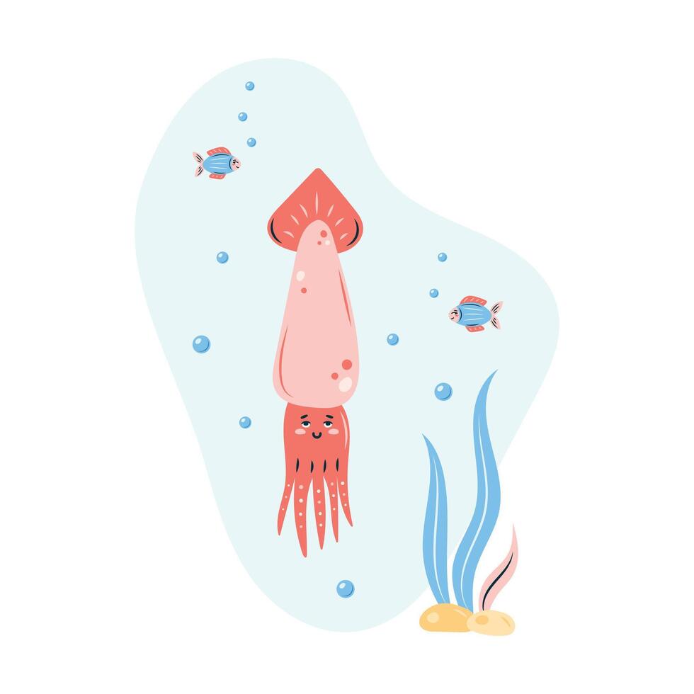 Cute squid swims in the sea underwater. Poster with squid on white background. Character in children's style. illustration. vector