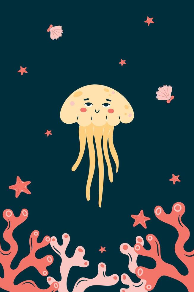 Vertical poster with jellyfish on dark background. Character in children's style. illustration. vector