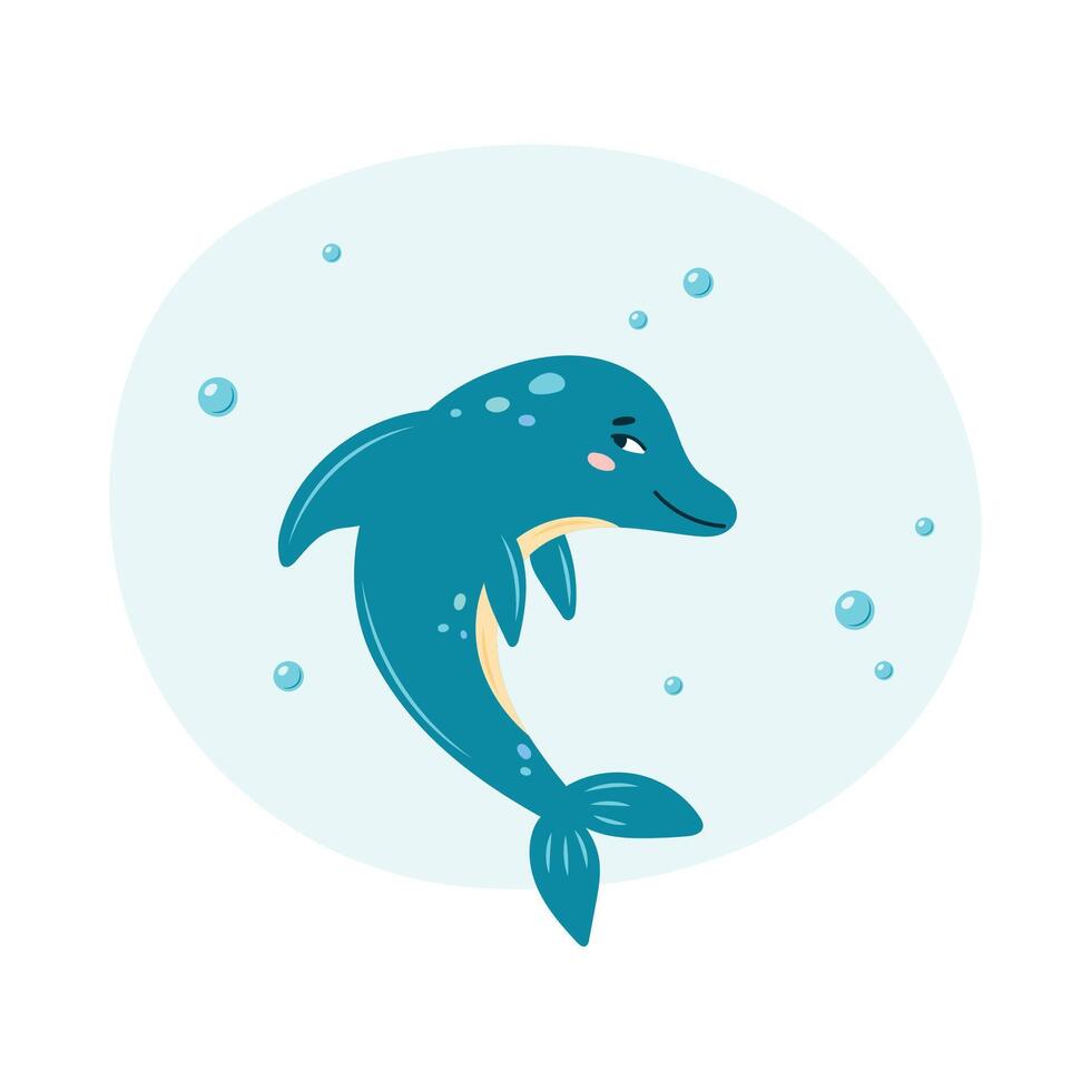 Cute dolphin swims in the sea underwater. Poster with dolphin on white background. Character in children's style. illustration. vector