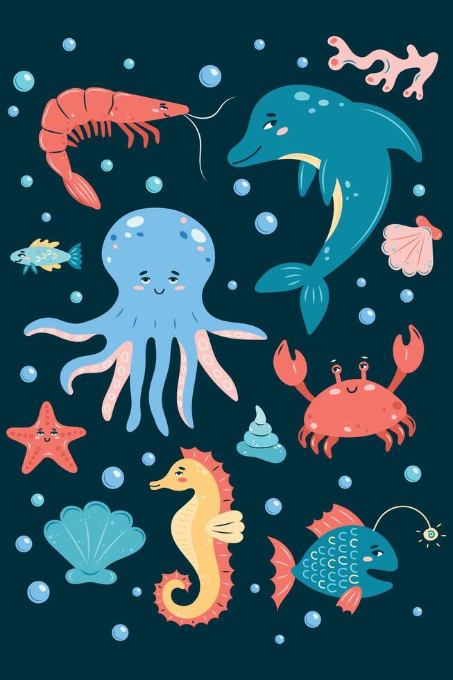 Sea Life Vertical poster on dark background. Set of sea animals. Characters in children's style. illustration. vector