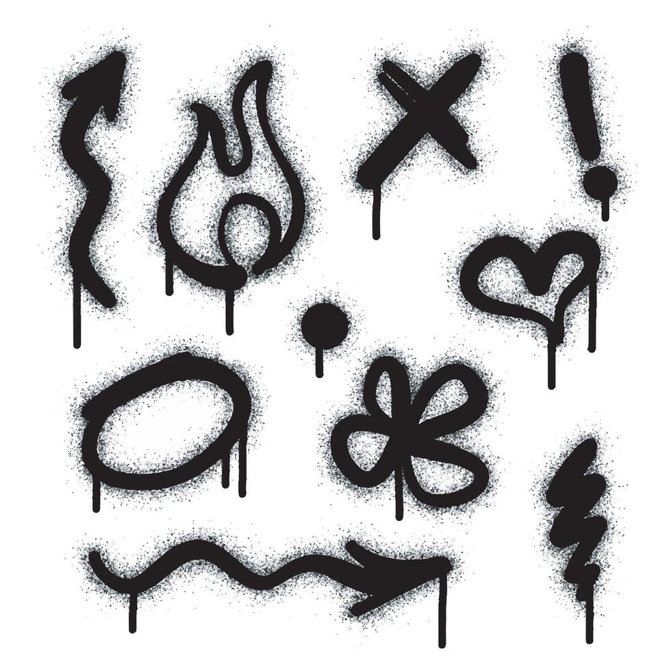 Collection of graffiti image symbols. Spray painted graffiti pattern with question marks, arrows, crowns, stars, skulls, fences and fists. Spray paint element. Street art style illustration vector