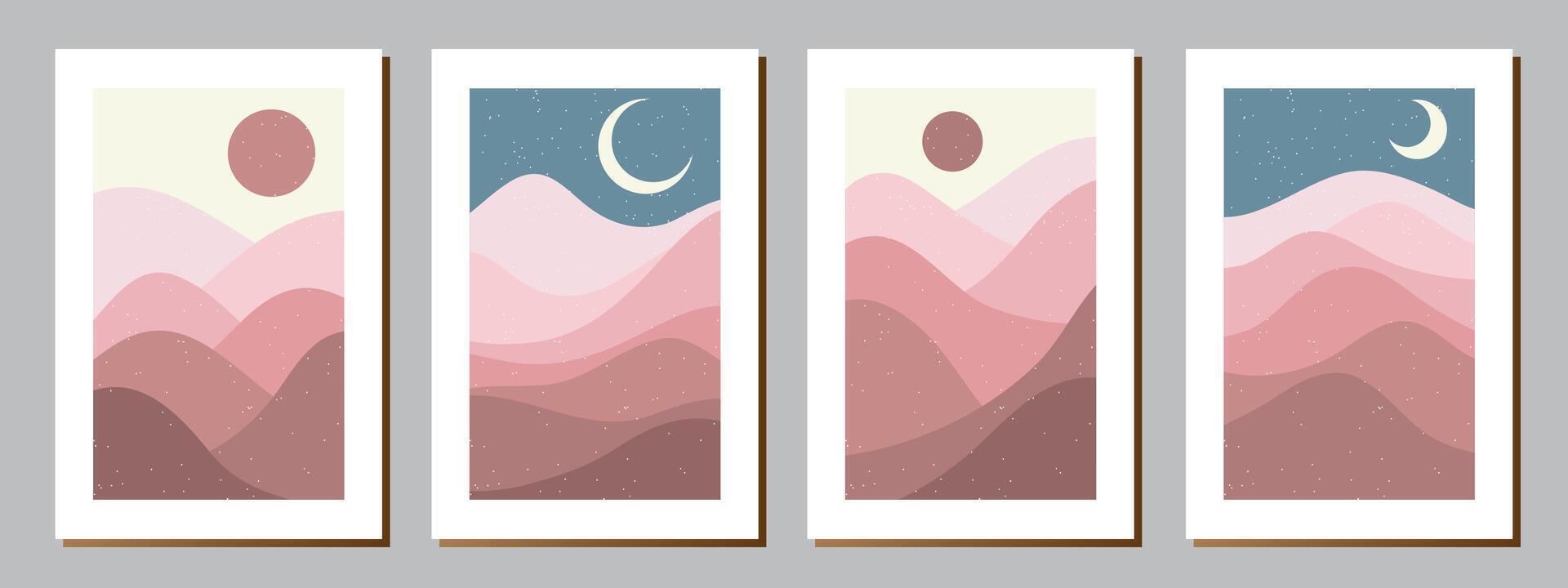 Set of creative abstract mountain landscape and mountain range backgrounds.Mid century modern illustrations with hand drawn mountains,sea or lake,sky,sun and moon.Trendy vector