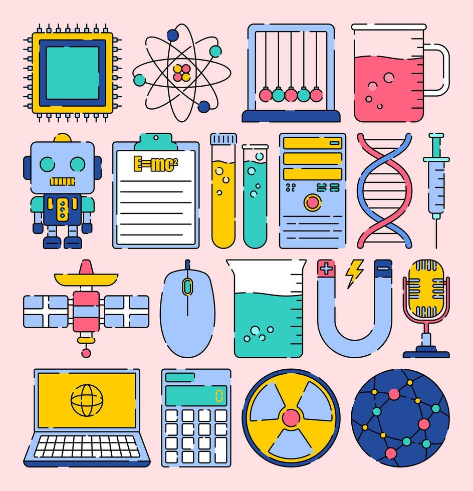science and technology icon illustration with bright colour palette in flat design style for education and future technology theme design. vector