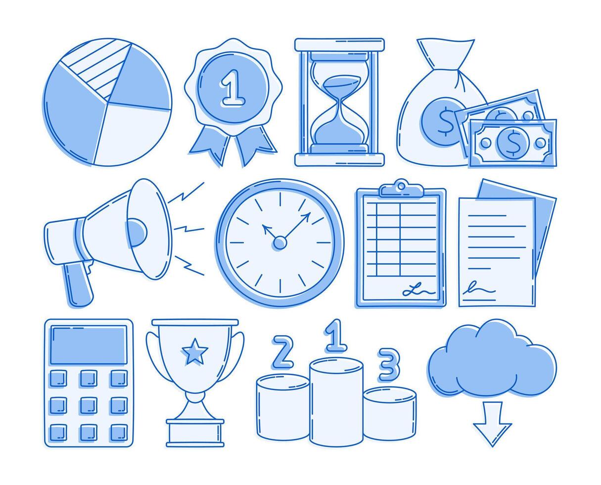 A set of finance and achievement-themed doodle icons, including a pie chart, trophy, cash, clock, calculator, award ribbon, and podium. Ideal for business, finance, and productivity designs. vector