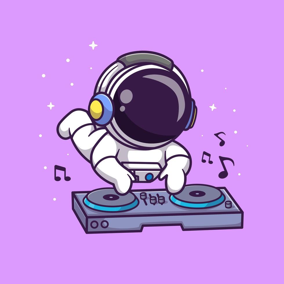 Cute Astronaut Playing Dj Electronic Music With Headphone In Space Cartoon vector