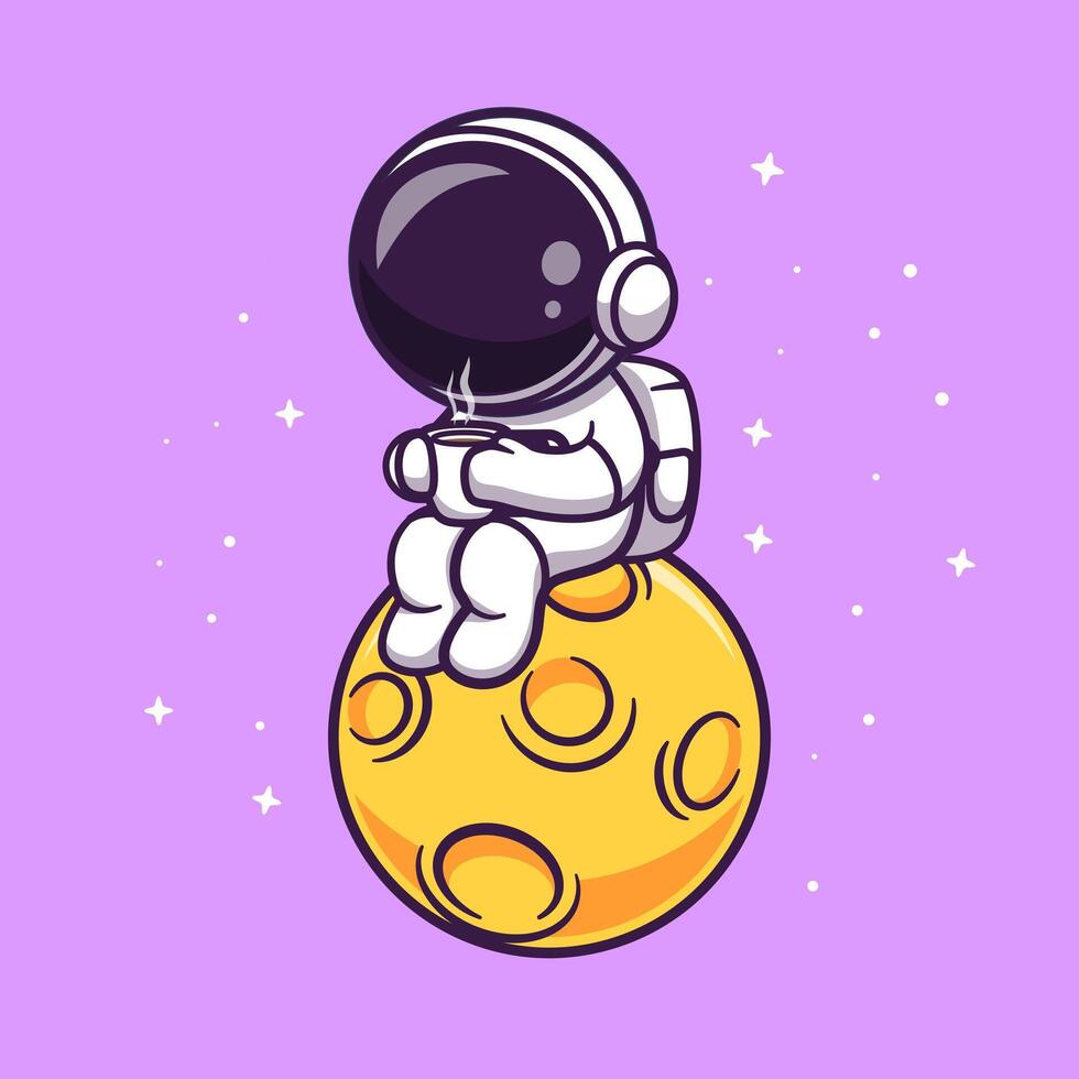 Cute Astronaut Drinking Coffee On Moon Cartoon vector