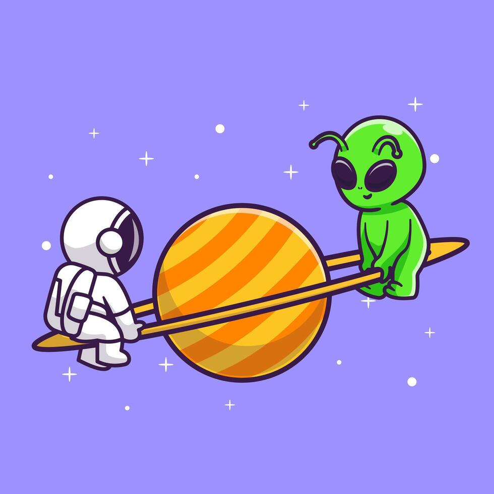 Cute Astronaut And Alien Playing Seesaw Planet In Space Cartoon vector