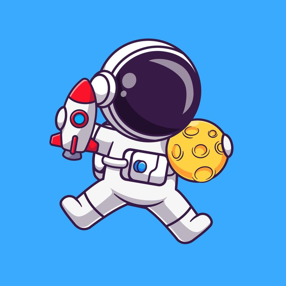 Cute Astronaut Holding Rocket And Moon In Space Cartoon vector
