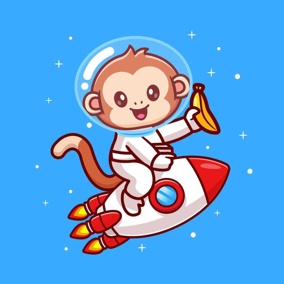 Cute Monkey Astronaut Holding Banana On Rocket In Space Cartoon vector