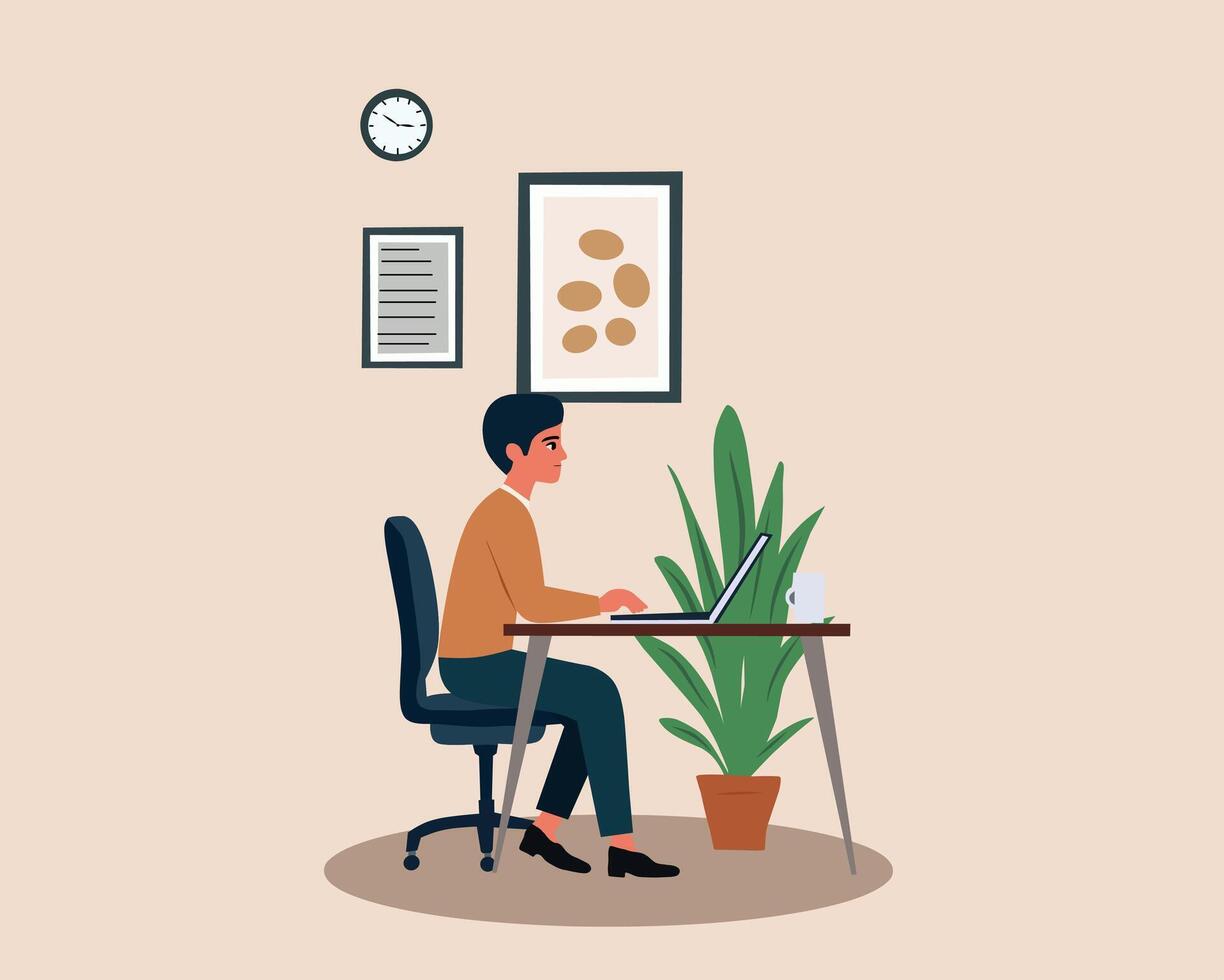 man working at desk with laptop and plant vector