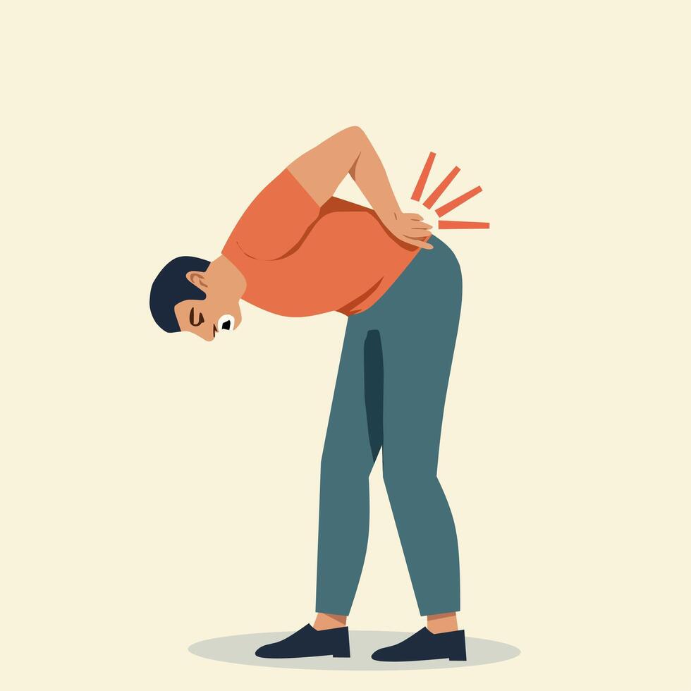 Illustration of a man bending over with a painful expression, holding his lower back, indicating back pain or discomfort. Concept of back injury, muscle strain, or lower back pain. Health and wellness vector