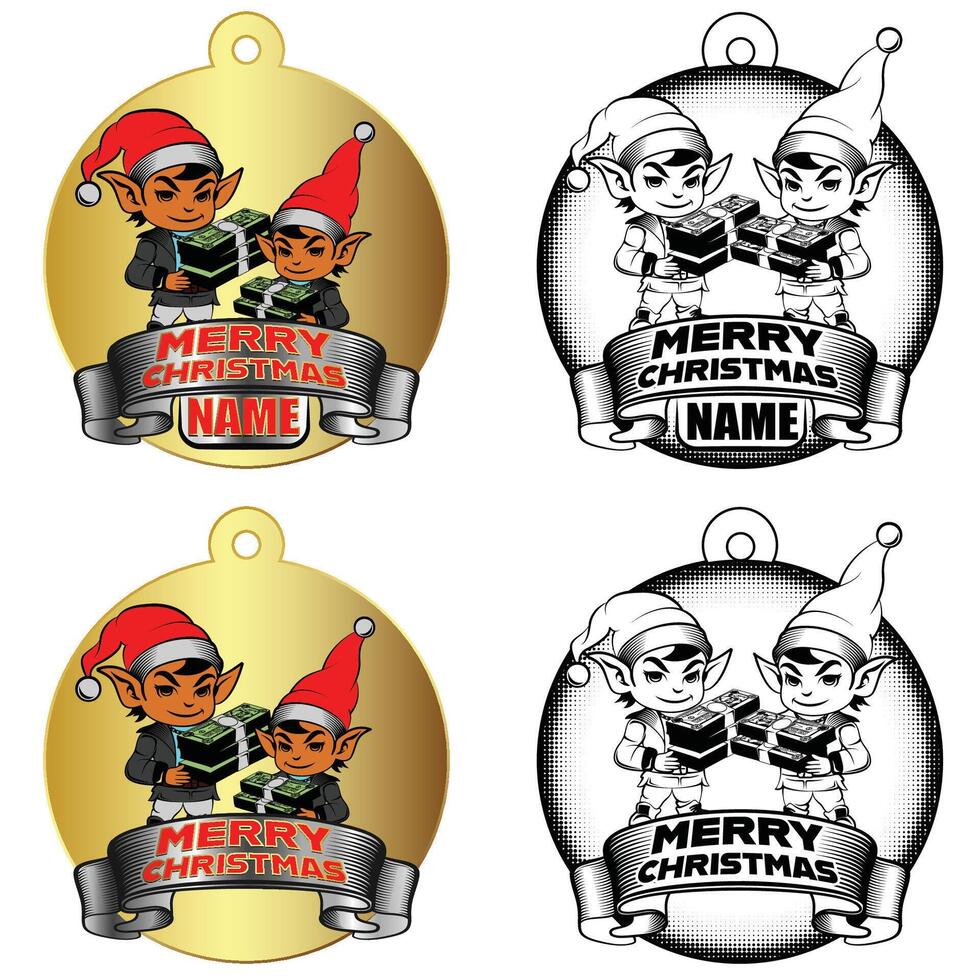 4x Elves with Cash Ornament and Name Plate vector
