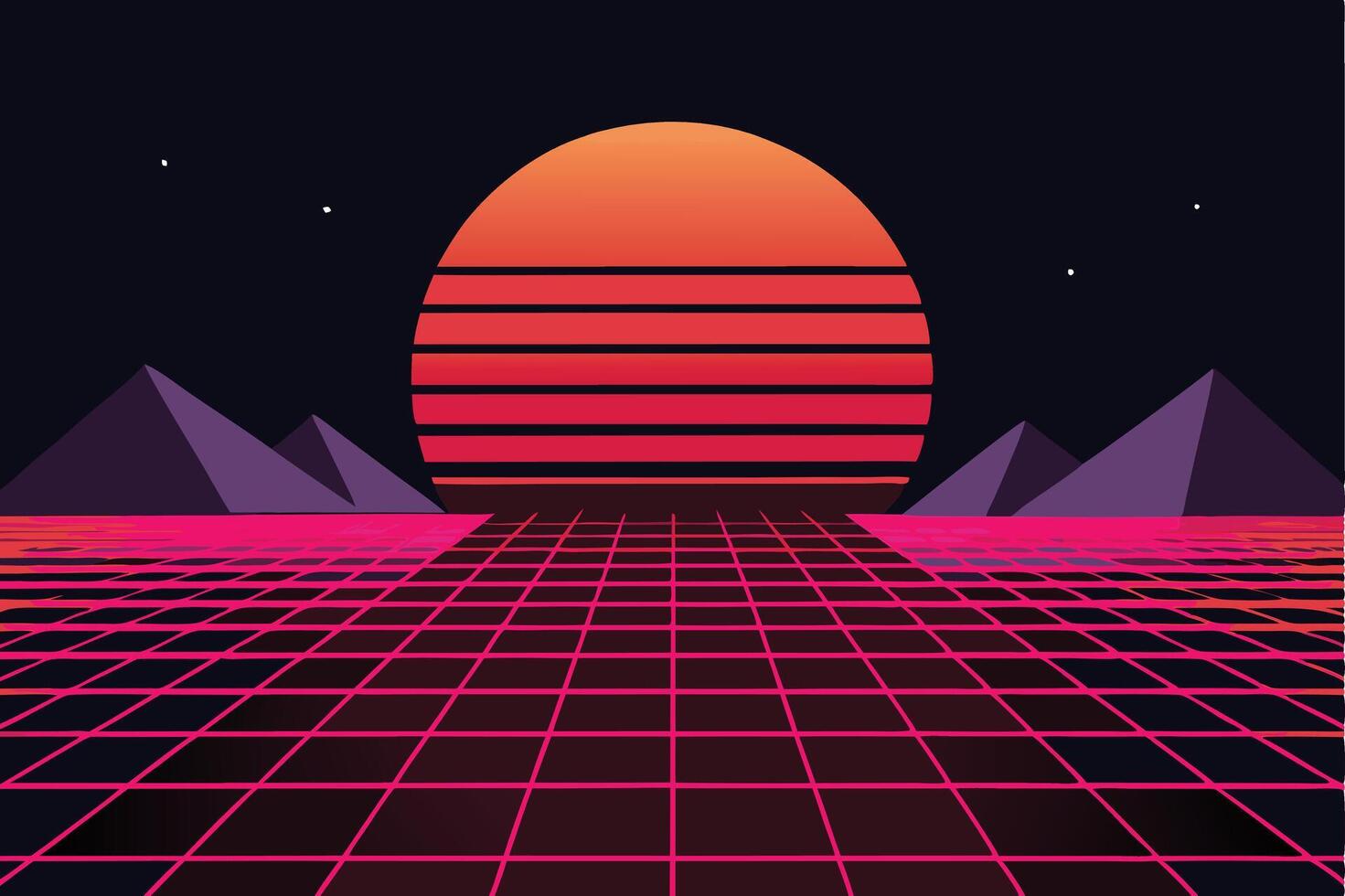 Retro Sunset Over Pyramids, Gridded Landscape vector