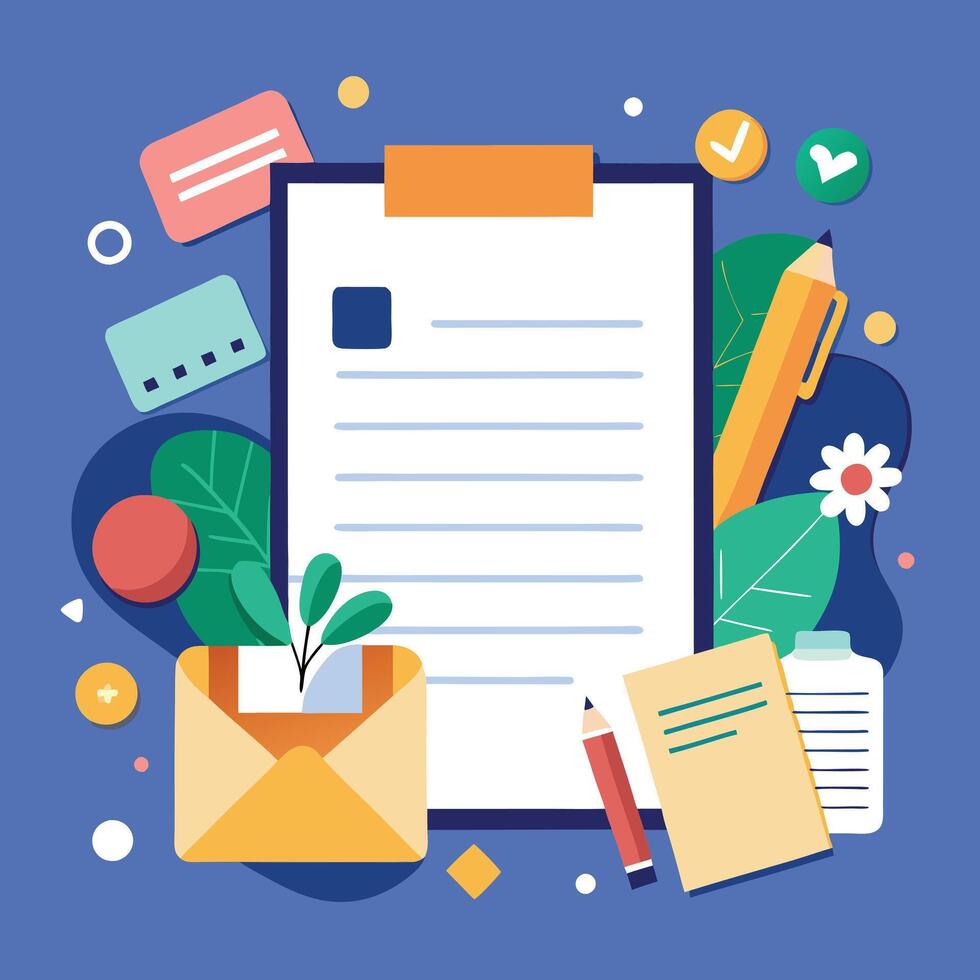 Checklist with Envelope, Pencils, and Notes on Blue Background. vector