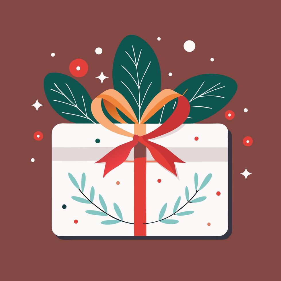 Gift Box With Red Ribbon And Green Leaves vector
