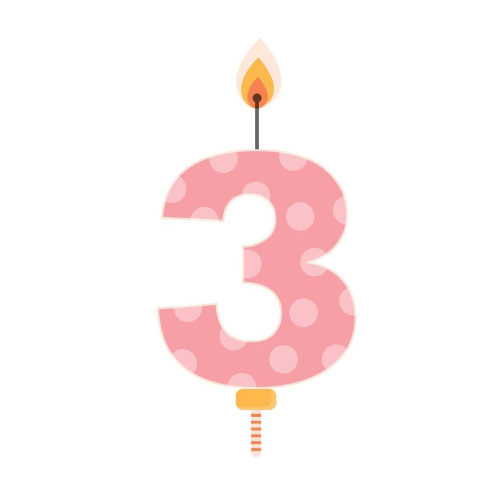 Pink birthday cake candle with flame light. Three year old. Kindergarten birthday party celebration item. Flat illustration. vector