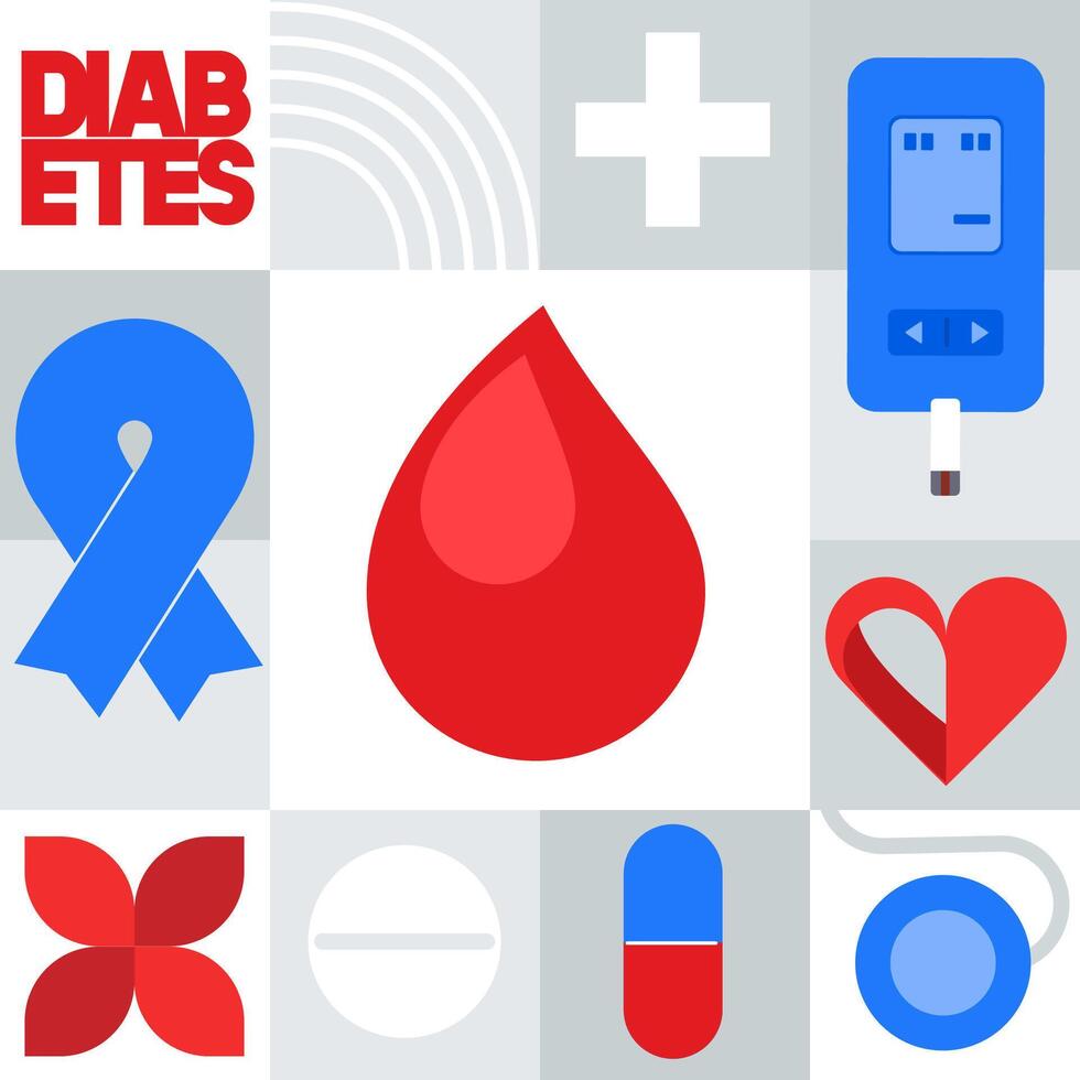 Illustration of World diabetes day awareness concept. Blood drop and blue circle of universal symbol. Modern geometric seamless pattern. minimalist design. vector