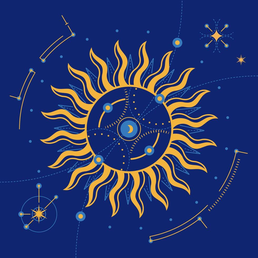 graphic of sun presented with tarot card astrology style vector