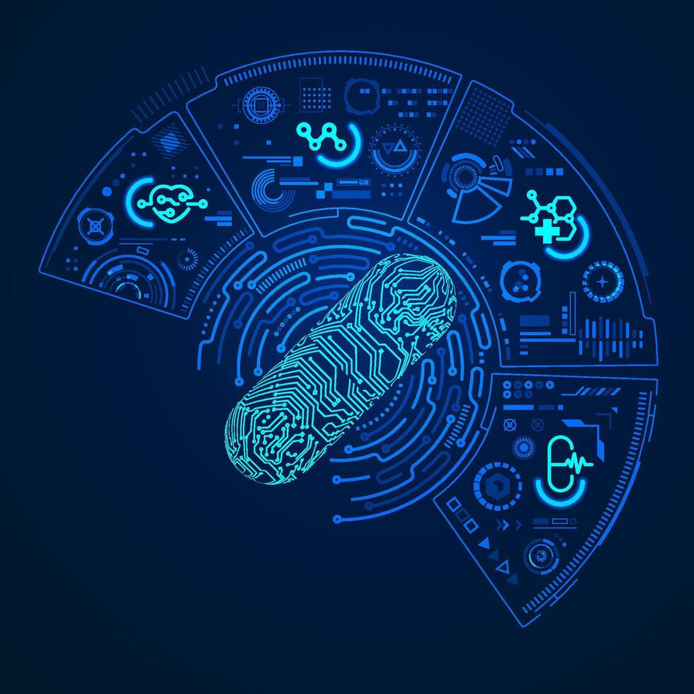 concept of bioengineering or healthcare technology, graphic of 3D pill combined with electronic pattern and futuristic interface vector