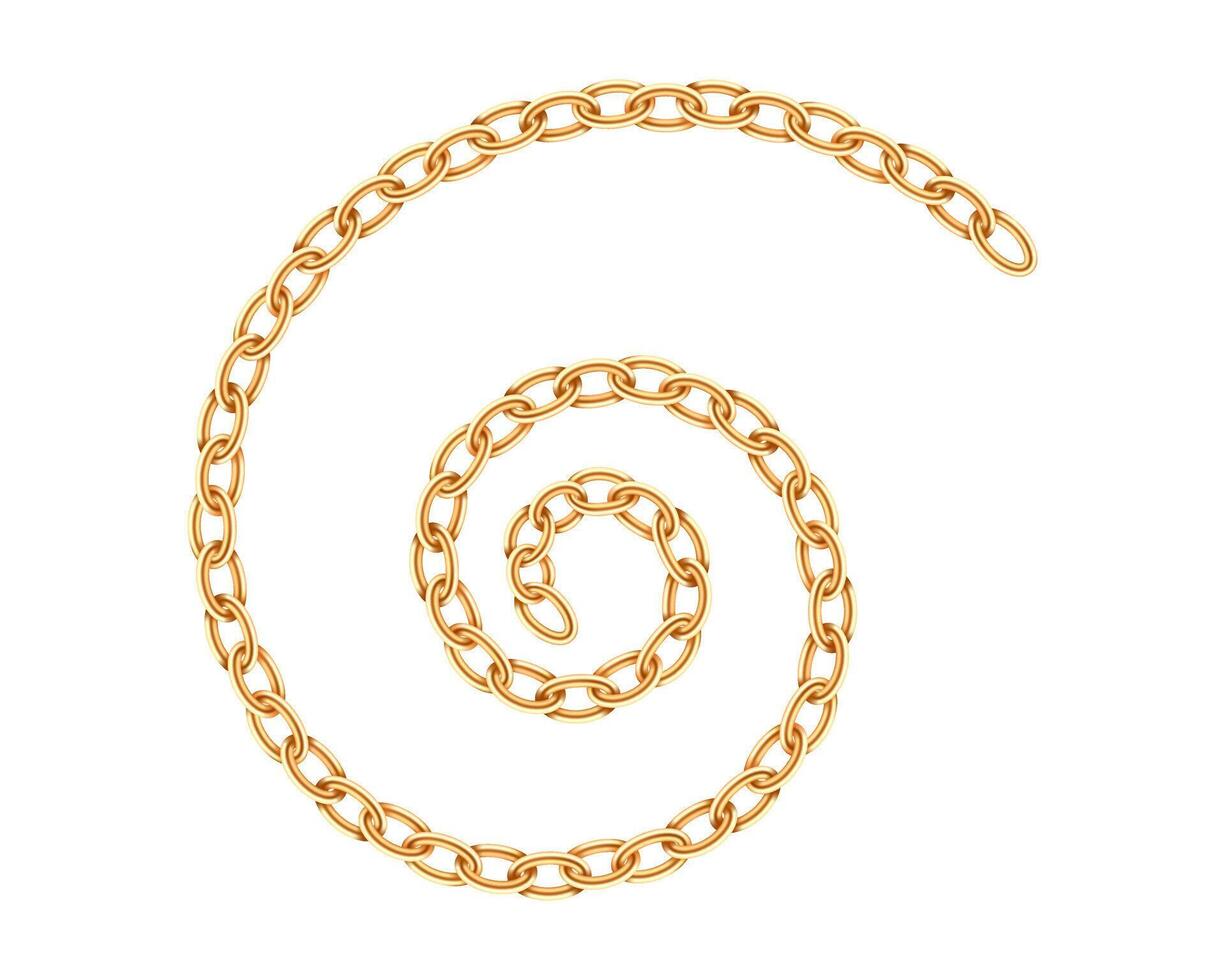 Realistic gold chain texture. Golden chains link isolated on white background. Spiral jewelry chainlet three dimensional design element. vector